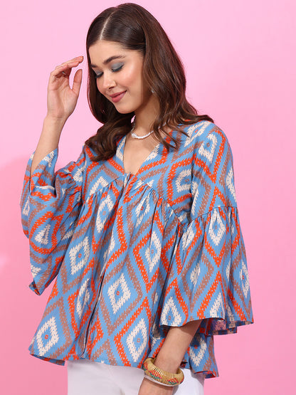 Sky Blue Geometric Pattern Fit & Flare Cotton Stitched Top