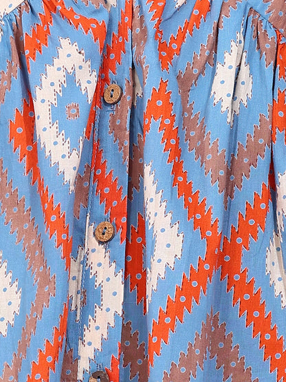 Sky Blue Geometric Pattern Fit & Flare Cotton Stitched Top