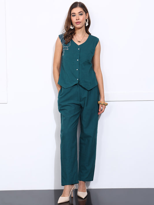 Teal Green Embroidered-Solid Straight Cotton Flex Stitched Co-Ord Set