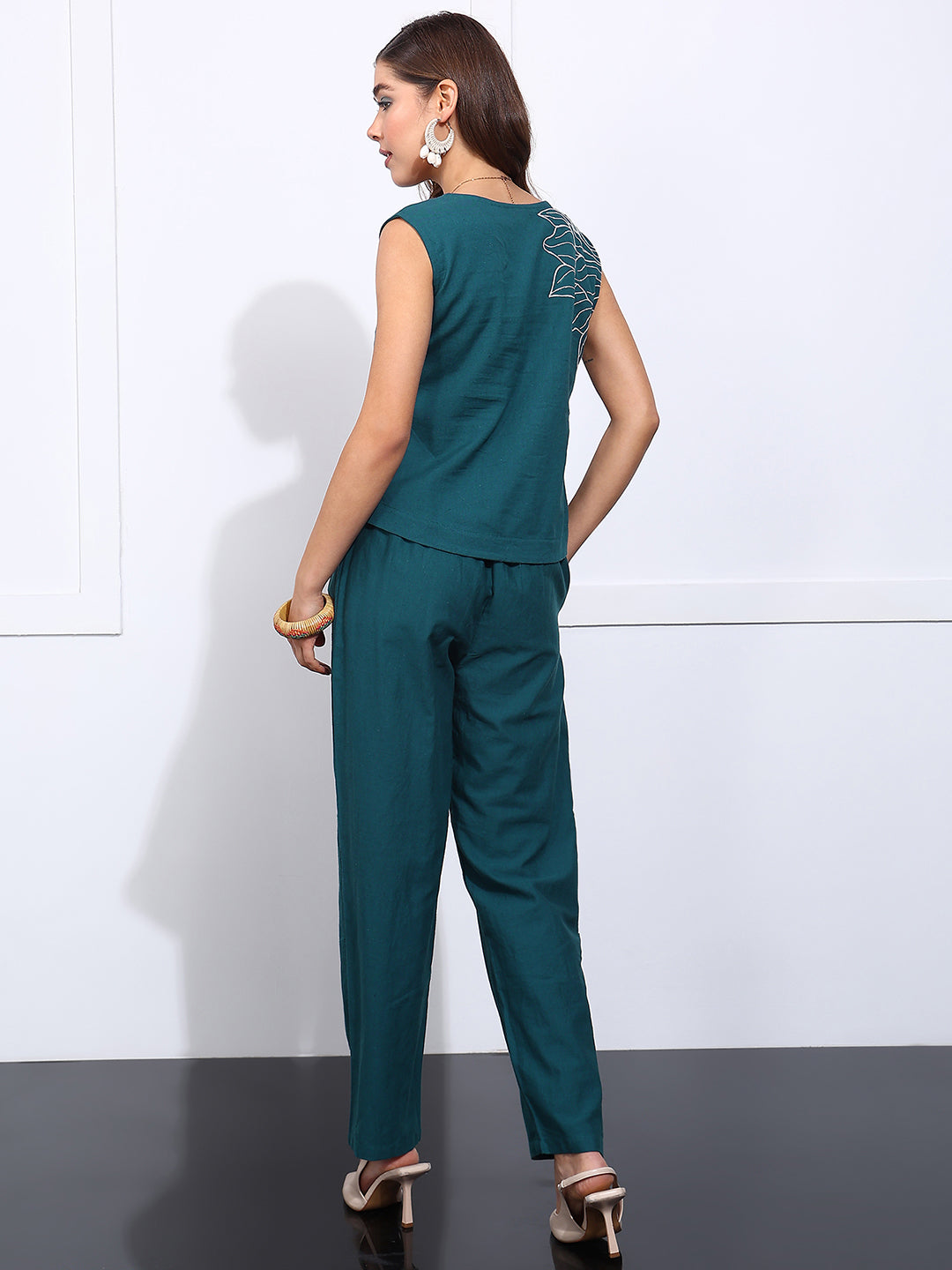 Teal Green Embroidered-Solid Straight Cotton Flex Stitched Co-Ord Set