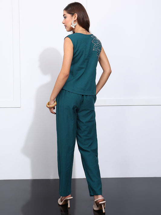 Teal Green Embroidered-Solid Straight Cotton Flex Stitched Co-Ord Set