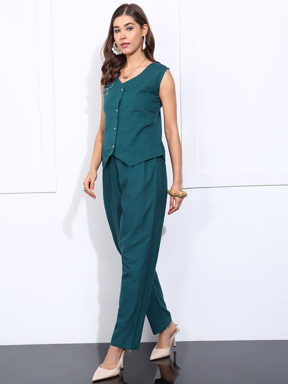 Teal Green Embroidered-Solid Straight Cotton Flex Stitched Co-Ord Set