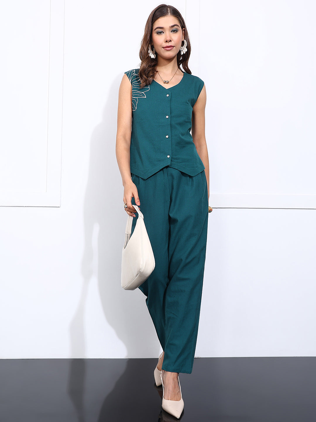 Teal Green Embroidered-Solid Straight Cotton Flex Stitched Co-Ord Set