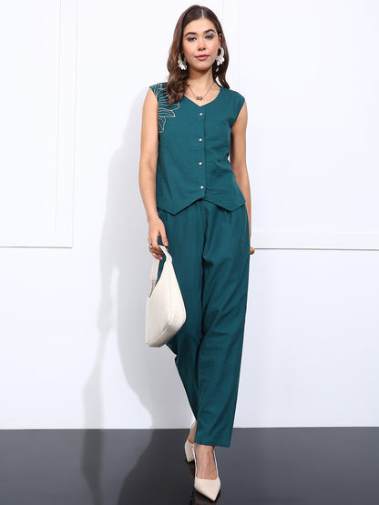 Teal Green Embroidered-Solid Straight Cotton Flex Stitched Co-Ord Set