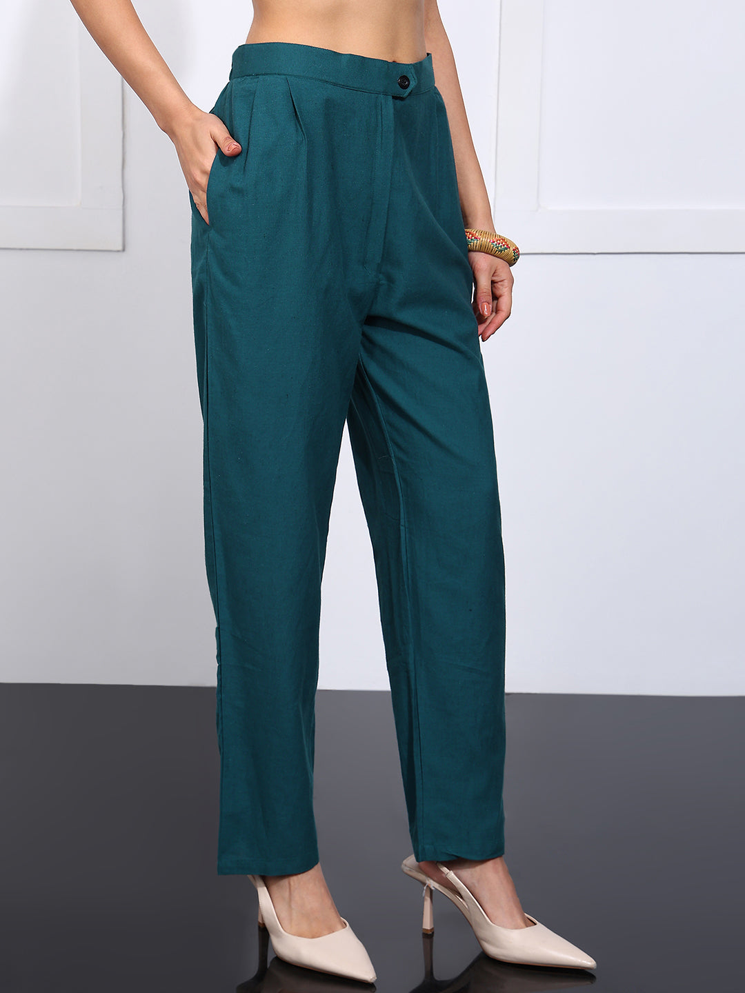 Teal Green Embroidered-Solid Straight Cotton Flex Stitched Co-Ord Set