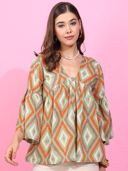 Pista Geometric Pattern Fit & Flare Cotton Stitched Top