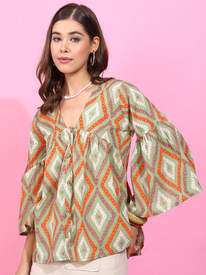 Pista Geometric Pattern Fit & Flare Cotton Stitched Top