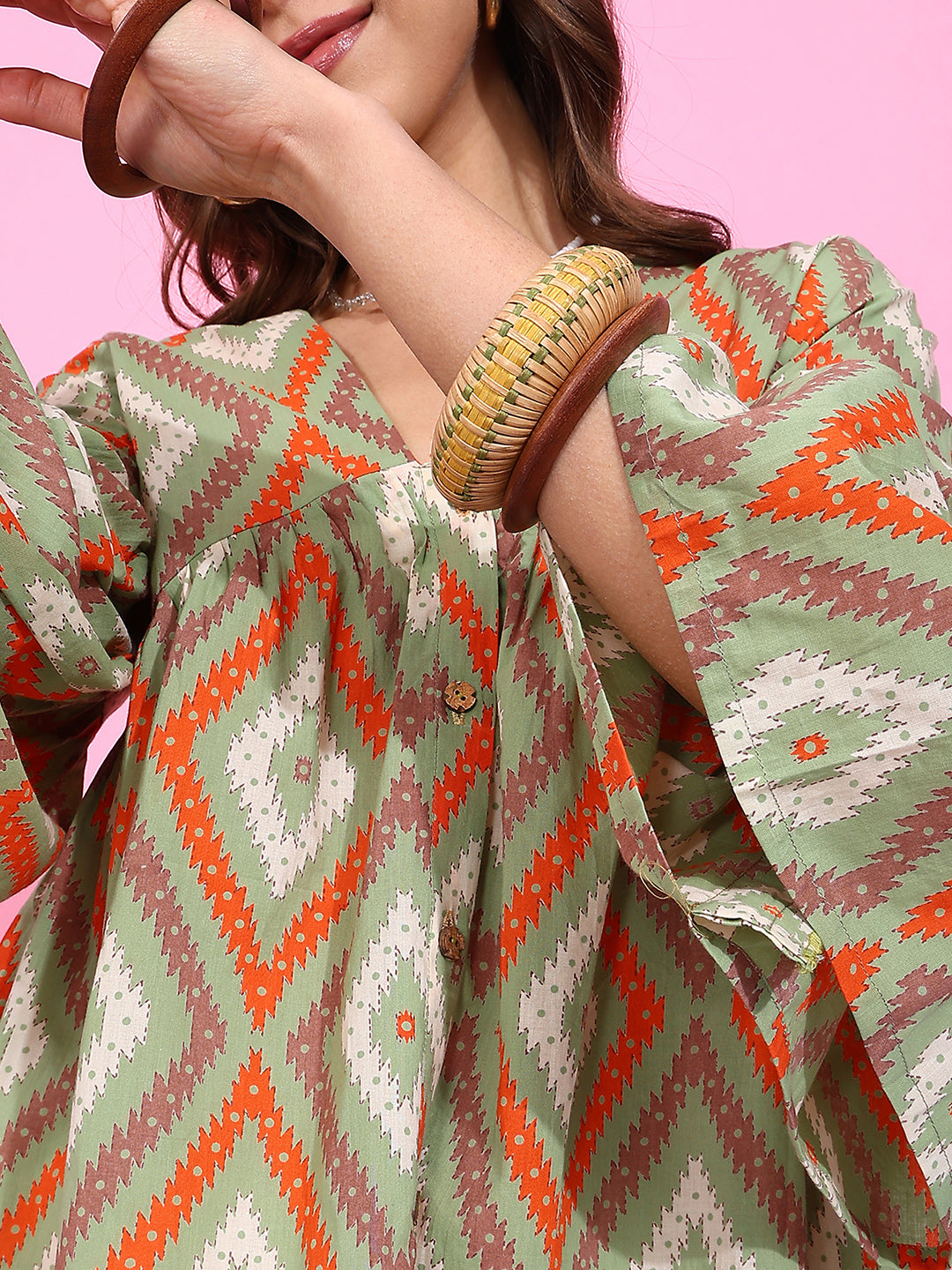 Pista Geometric Pattern Fit & Flare Cotton Stitched Top