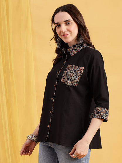 Black Solid Straight Cotton Flex Stitched Top