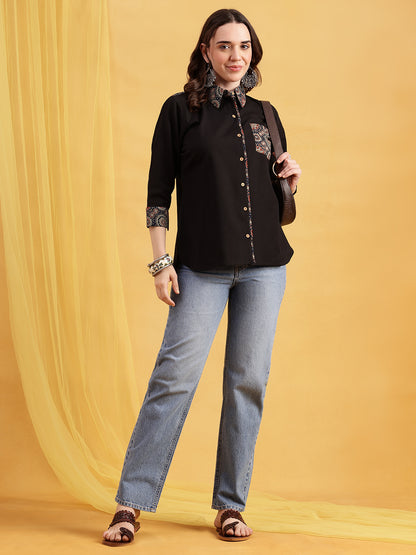 Black Solid Straight Cotton Flex Stitched Top