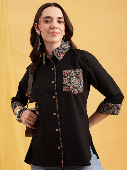 Black Solid Straight Cotton Flex Stitched Top