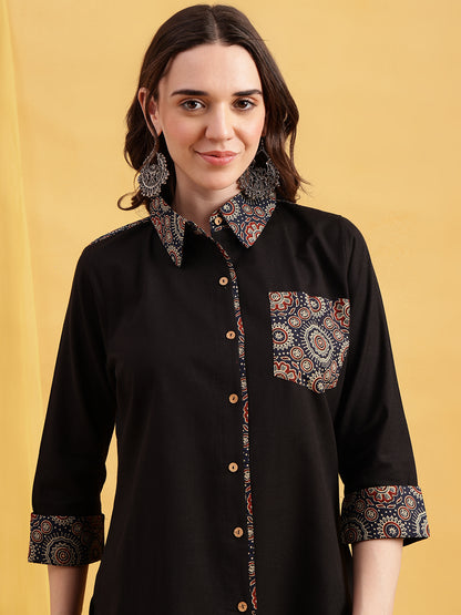 Black Solid Straight Cotton Flex Stitched Top