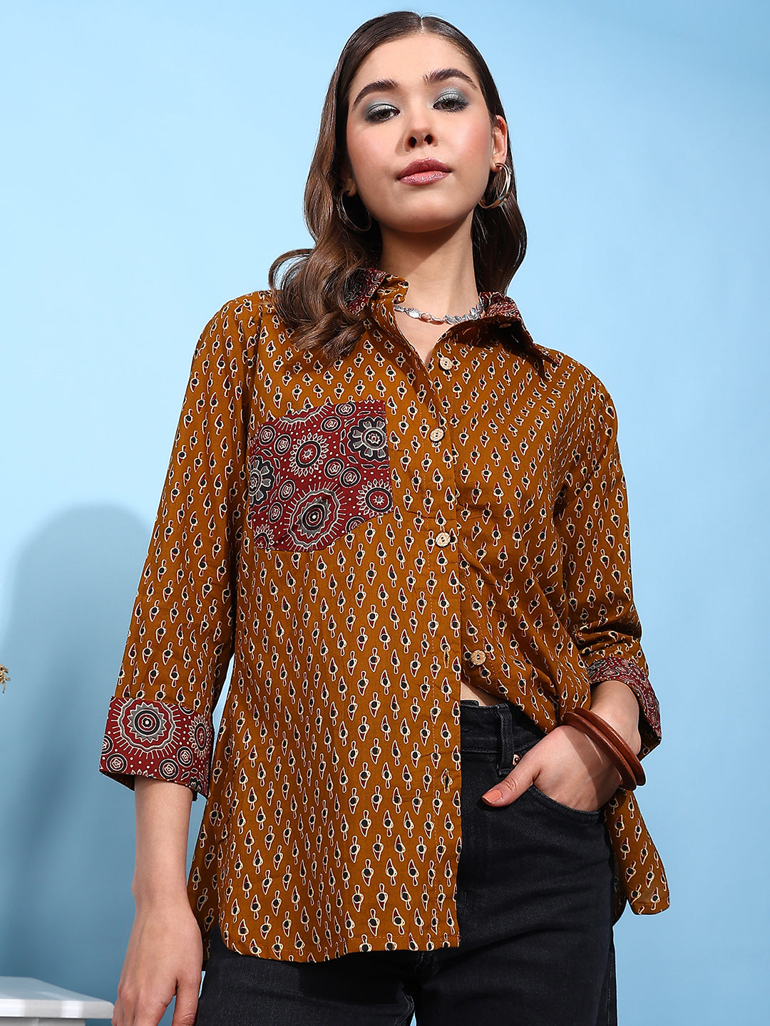 Mustard Printed Straight Cotton Stitched Shirt
