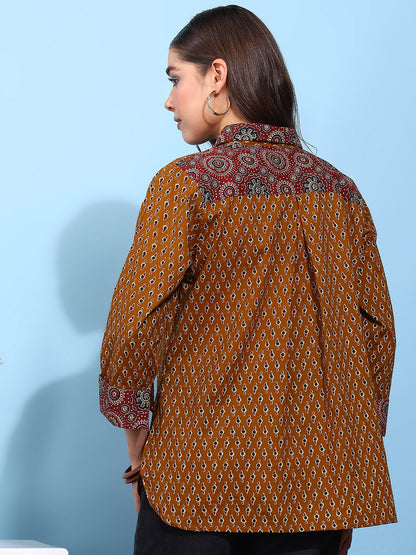Mustard Printed Straight Cotton Stitched Shirt