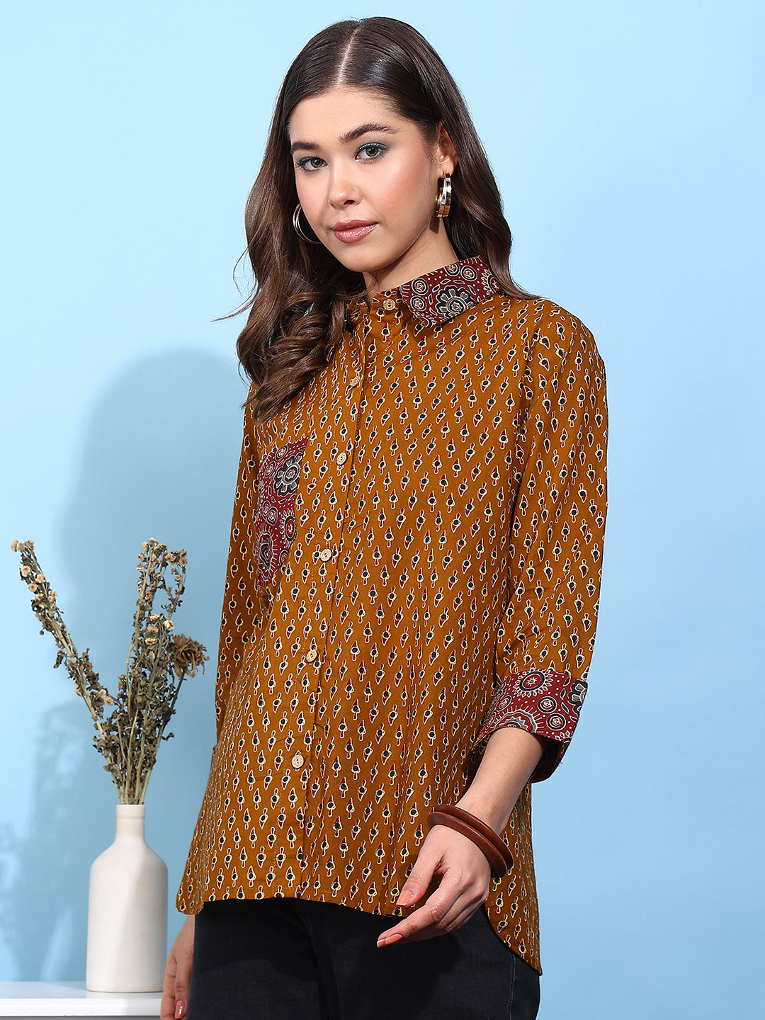 Mustard Printed Straight Cotton Stitched Shirt