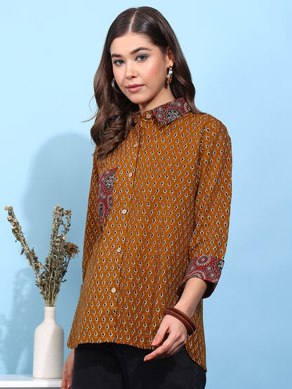 Mustard Printed Straight Cotton Stitched Shirt