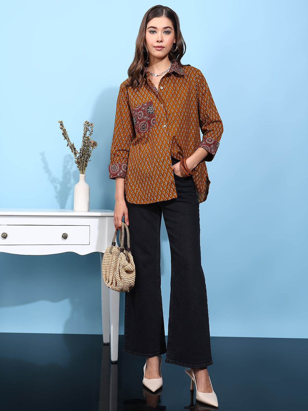 Mustard Printed Straight Cotton Stitched Shirt