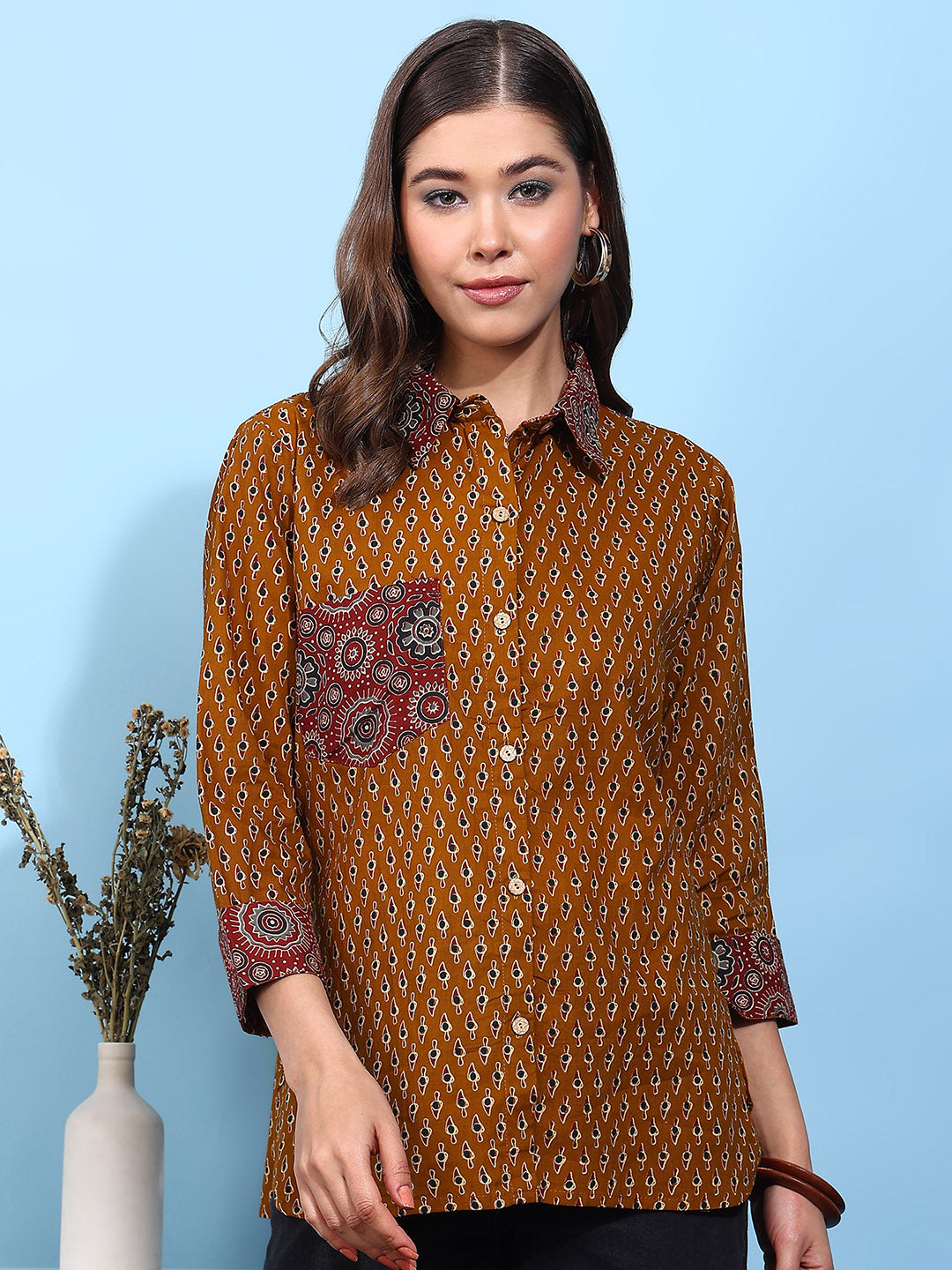 Mustard Printed Straight Cotton Stitched Shirt