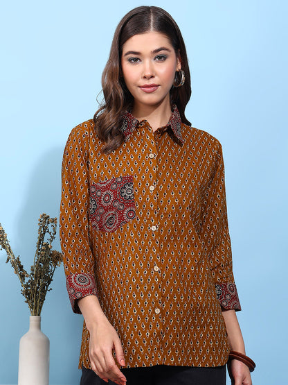 Mustard Printed Straight Cotton Stitched Shirt