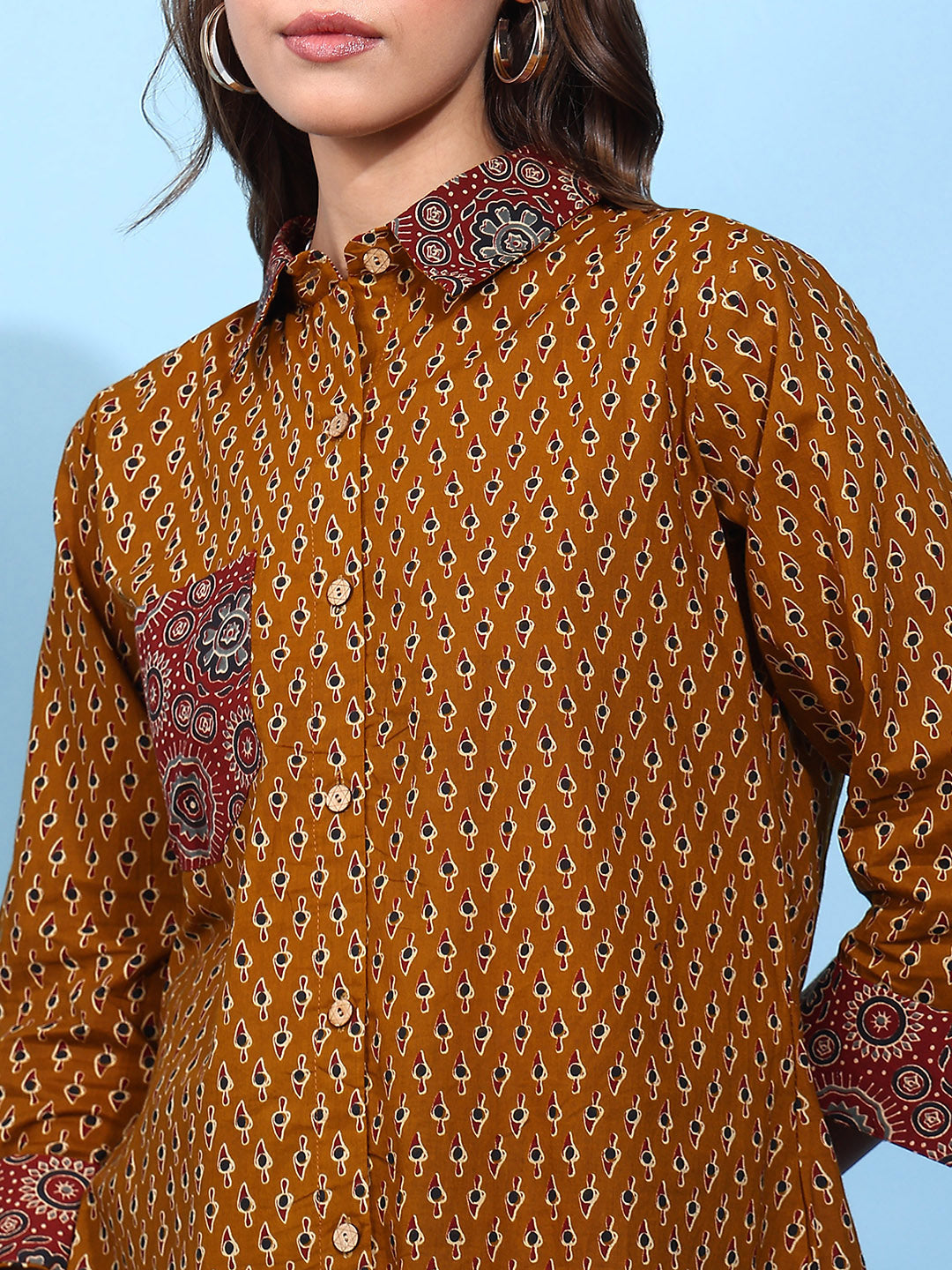 Mustard Printed Straight Cotton Stitched Shirt