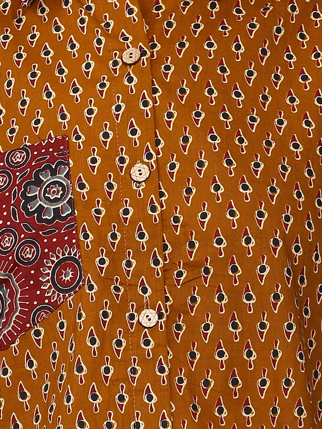 Mustard Printed Straight Cotton Stitched Shirt