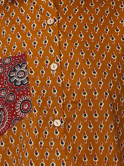 Mustard Printed Straight Cotton Stitched Shirt