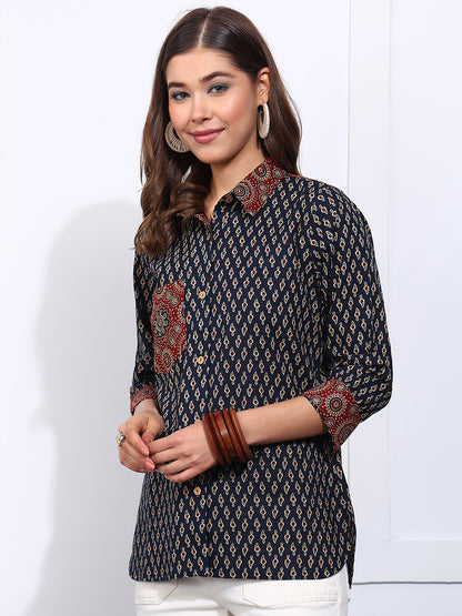Blue Printed Straight Cotton Stitched Shirt