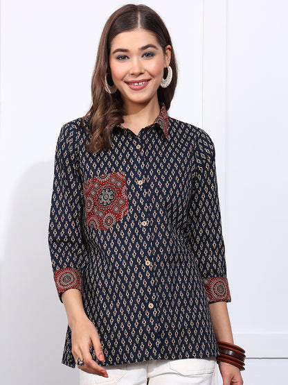 Blue Printed Straight Cotton Stitched Shirt