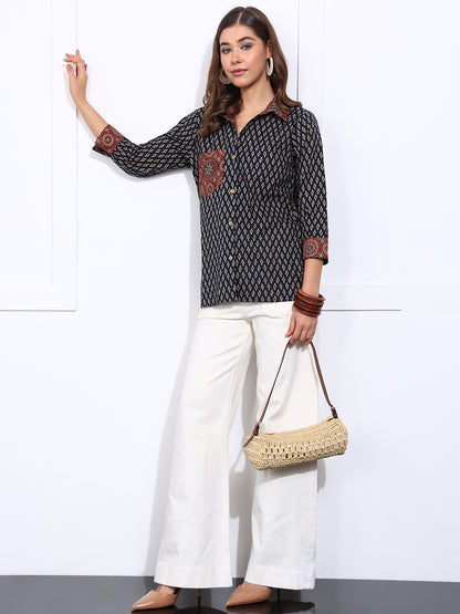 Blue Printed Straight Cotton Stitched Shirt