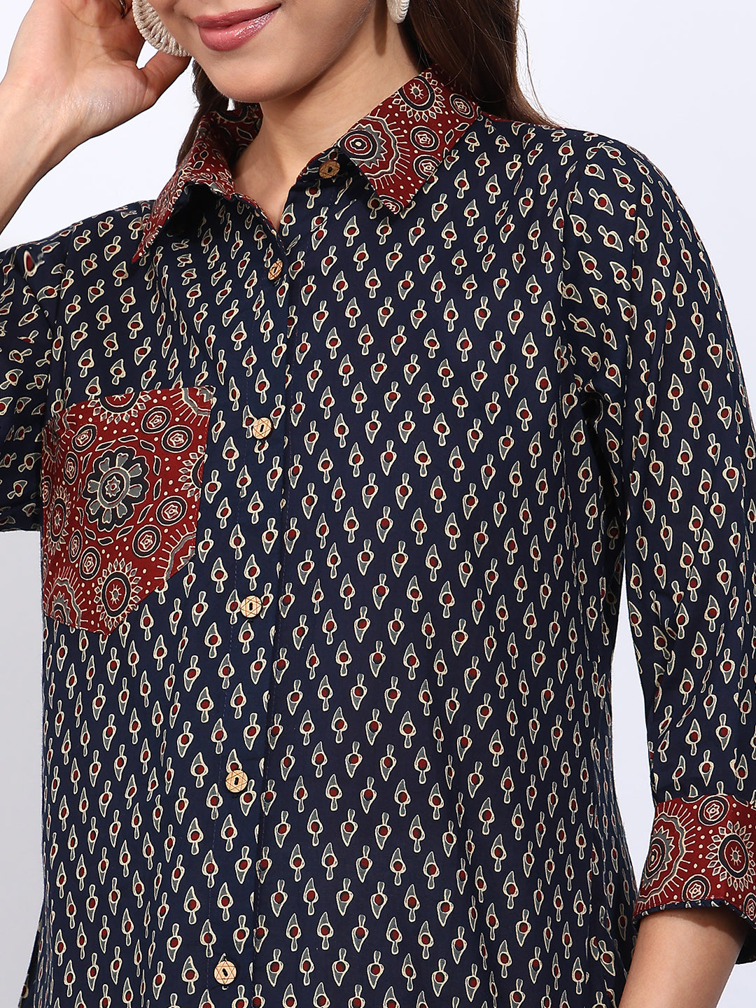 Blue Printed Straight Cotton Stitched Shirt