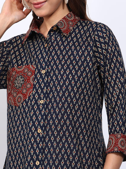 Blue Printed Straight Cotton Stitched Shirt