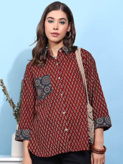 Maroon Printed Straight Cotton Stiched Shirt