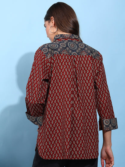 Maroon Printed Straight Cotton Stiched Shirt
