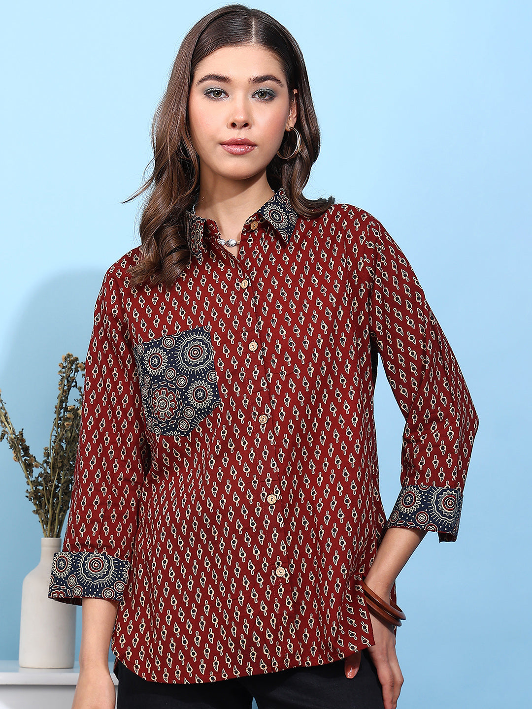 Maroon Printed Straight Cotton Stiched Shirt