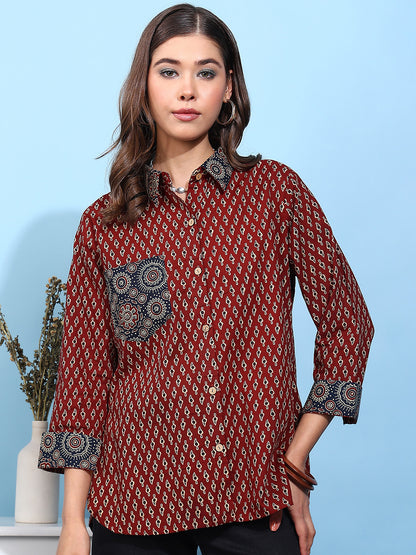 Maroon Printed Straight Cotton Stiched Shirt