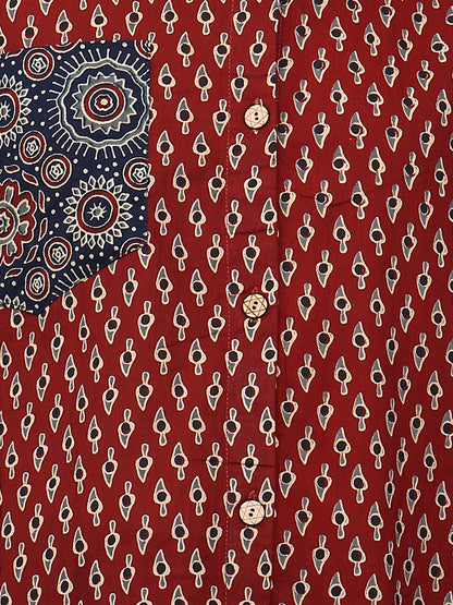 Maroon Printed Straight Cotton Stiched Shirt