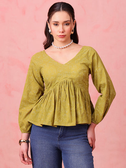 Parrot Printed Fit & Flare Cotton Stitched Top