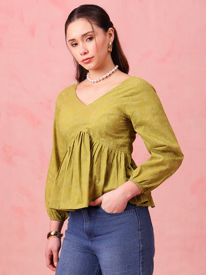Parrot Printed Fit & Flare Cotton Stitched Top