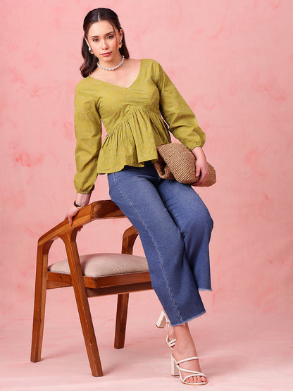 Parrot Printed Fit & Flare Cotton Stitched Top