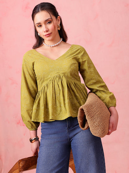 Parrot Printed Fit & Flare Cotton Stitched Top