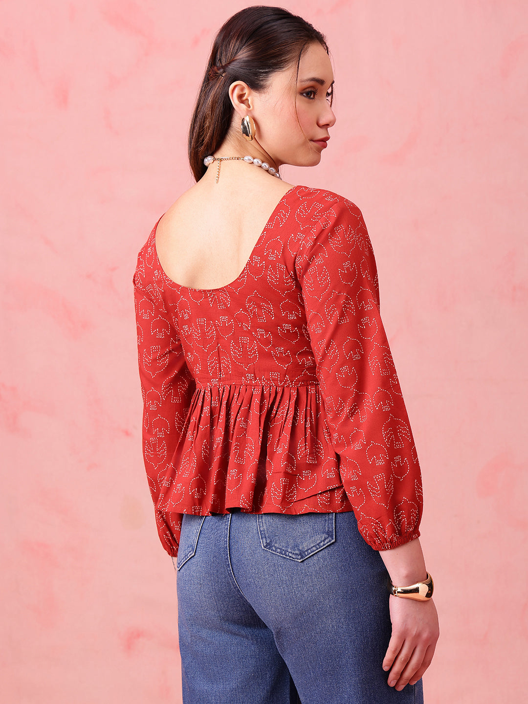 Brown Printed Fit & Flare Cotton Stitched Top