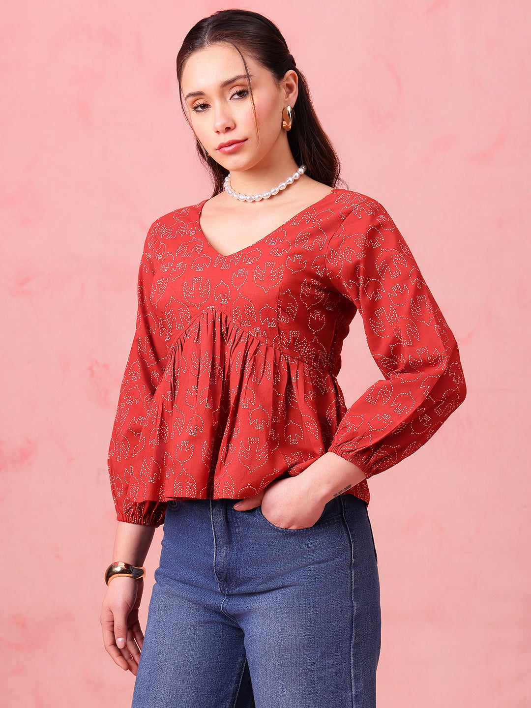 Brown Printed Fit & Flare Cotton Stitched Top