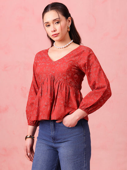 Brown Printed Fit & Flare Cotton Stitched Top