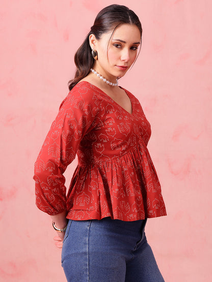 Brown Printed Fit & Flare Cotton Stitched Top