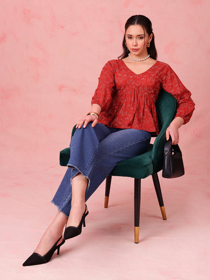 Brown Printed Fit & Flare Cotton Stitched Top