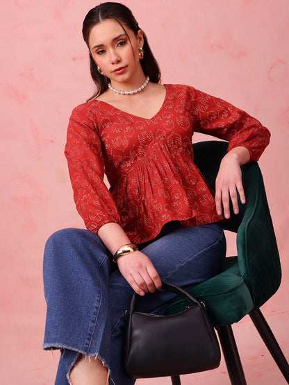 Brown Printed Fit & Flare Cotton Stitched Top