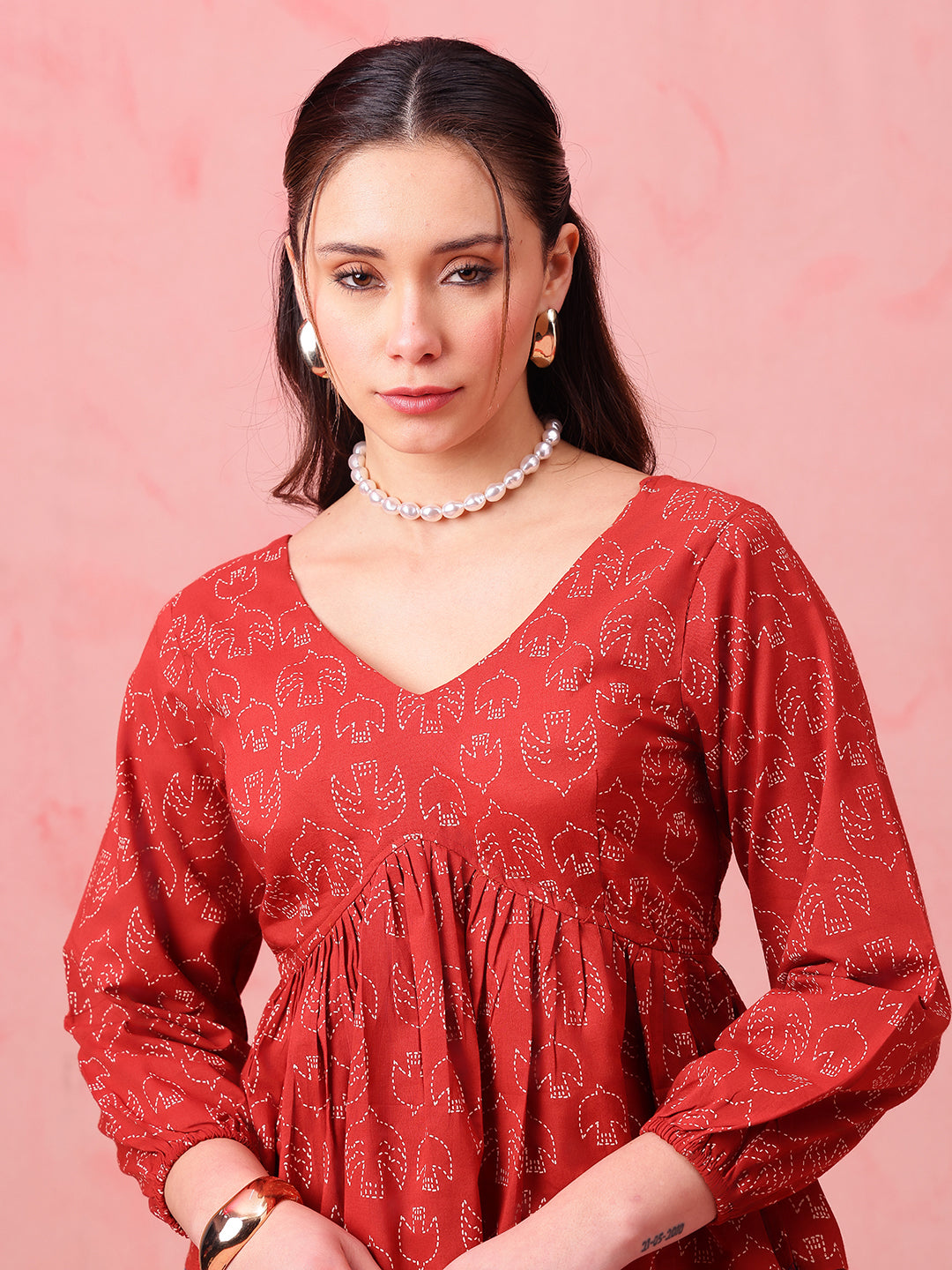 Brown Printed Fit & Flare Cotton Stitched Top