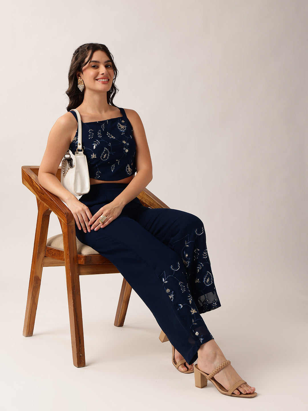 Blue Floral Crop Top Georgette Co-Ord Set