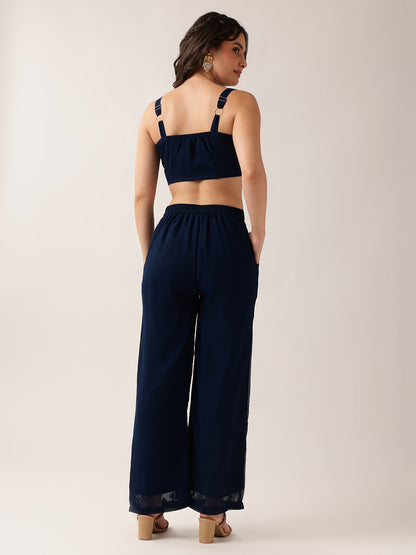 Blue Floral Crop Top Georgette Co-Ord Set