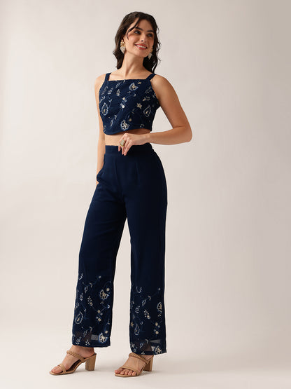 Blue Floral Crop Top Georgette Co-Ord Set